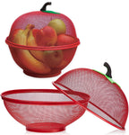 Fruit Basket with Lid Net Cover Steel Big Size for Dinning Kitchen Home Apple Shape Net Cover Protective Fruits Vegetables Food Storage Basket Strainer Kitchen Accessories (Red)