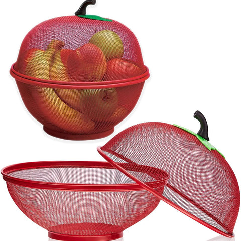 Fruit Basket with Lid Net Cover Steel Big Size for Dinning Kitchen Home Apple Shape Net Cover Protective Fruits Vegetables Food Storage Basket Strainer Kitchen Accessories (Red)