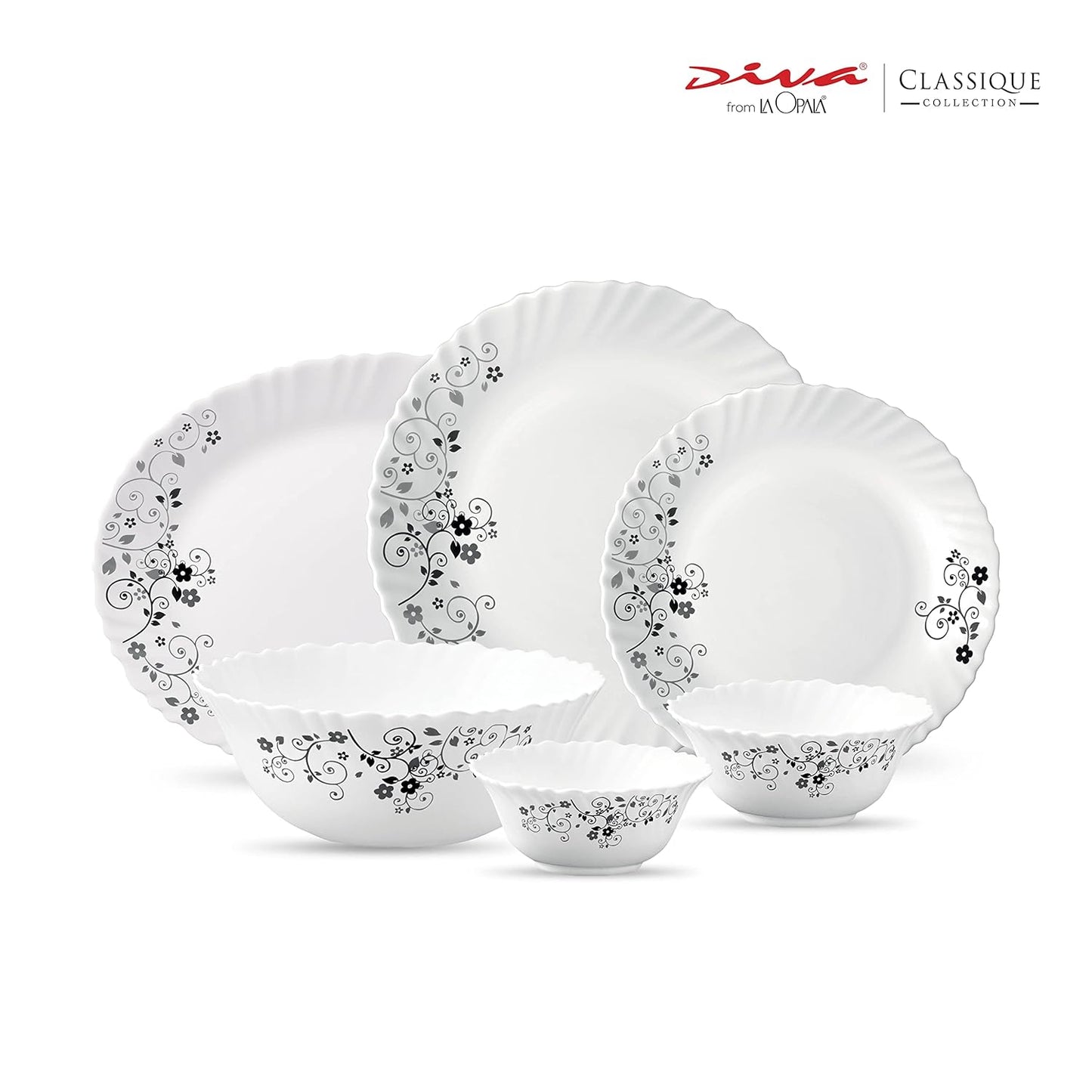 La Opala Diva, Classique Collection, Opal Glass Dinner Set 27 pcs, Mystrio Black, White