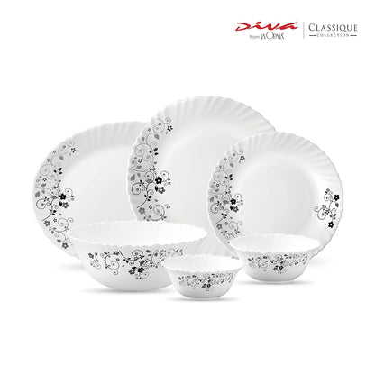 La Opala Diva, Classique Collection, Opal Glass Dinner Set 27 pcs, Mystrio Black, White