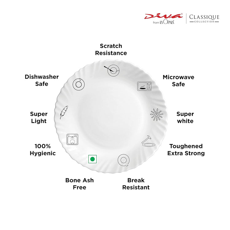 La Opala Diva, Classique Collection, Opal Glass Dinner Set 27 pcs, Mystrio Black, White