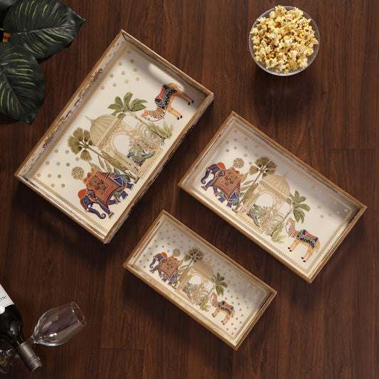Wooden Serving Tray with Gold Engraving | Set of 3 | Size : 16 x 10 inch, 14 x 8 inch & 12 x 6 inch | Enamel Coated Waterproof | Rectangular | Decorative Trays | Royal Camel Set