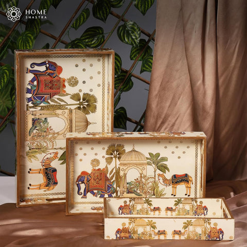 Wooden Serving Tray with Gold Engraving | Set of 3 | Size : 16 x 10 inch, 14 x 8 inch & 12 x 6 inch | Enamel Coated Waterproof | Rectangular | Decorative Trays | Royal Camel Set