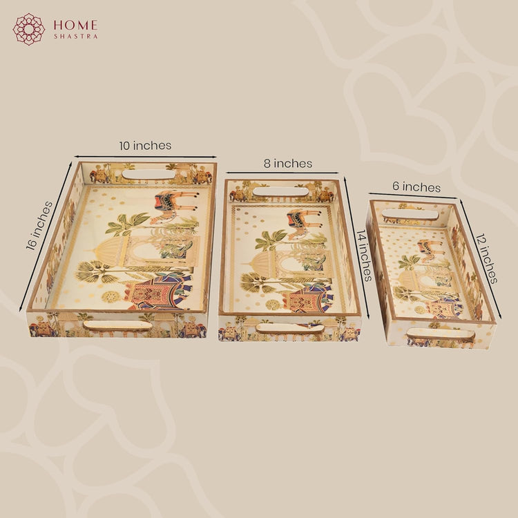 Wooden Serving Tray with Gold Engraving | Set of 3 | Size : 16 x 10 inch, 14 x 8 inch & 12 x 6 inch | Enamel Coated Waterproof | Rectangular | Decorative Trays | Royal Camel Set