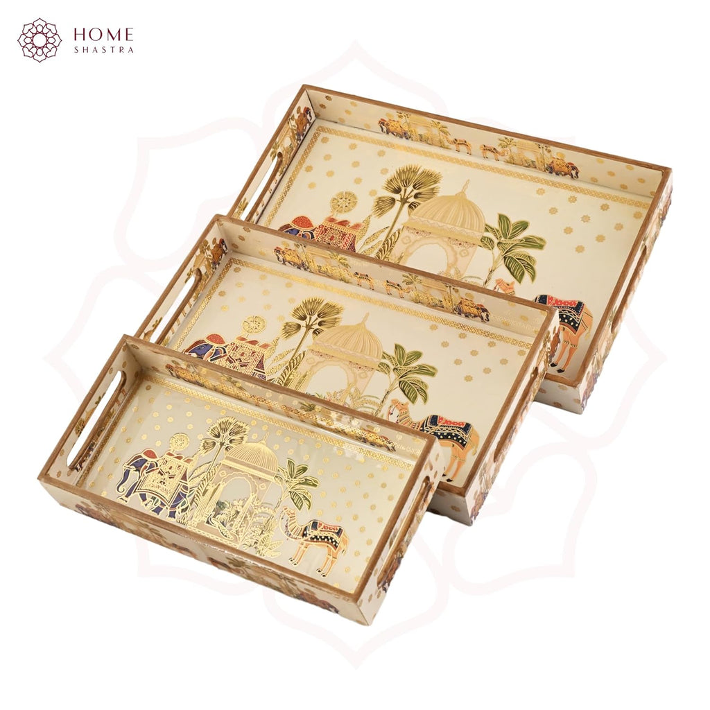 Wooden Serving Tray with Gold Engraving | Set of 3 | Size : 16 x 10 inch, 14 x 8 inch & 12 x 6 inch | Enamel Coated Waterproof | Rectangular | Decorative Trays | Royal Camel Set