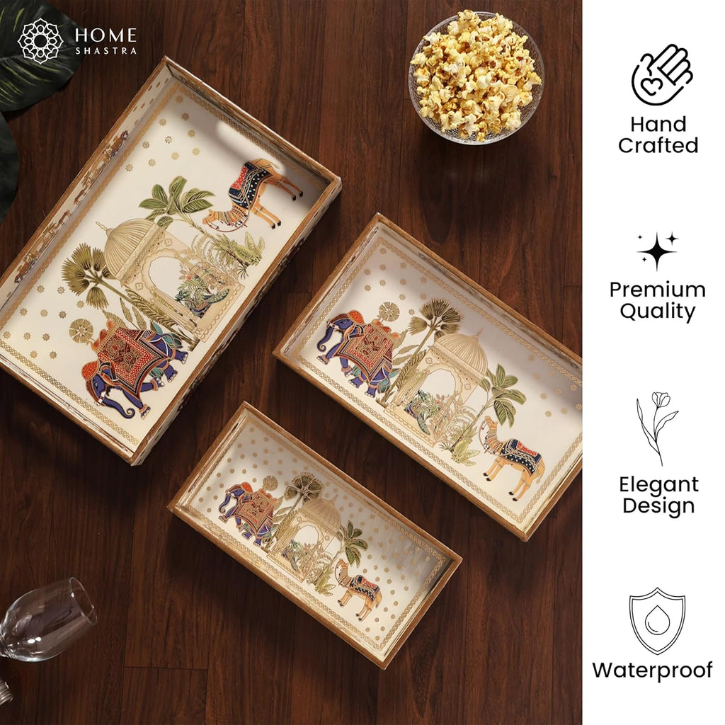 Wooden Serving Tray with Gold Engraving | Set of 3 | Size : 16 x 10 inch, 14 x 8 inch & 12 x 6 inch | Enamel Coated Waterproof | Rectangular | Decorative Trays | Royal Camel Set