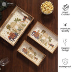 Wooden Serving Tray with Gold Engraving | Set of 3 | Size : 16 x 10 inch, 14 x 8 inch & 12 x 6 inch | Enamel Coated Waterproof | Rectangular | Decorative Trays | Royal Camel Set