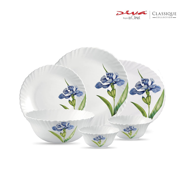 La Opala Diva, Classique Collection, Opal Glass Dinner Set 27 pcs, Royal Iris, White