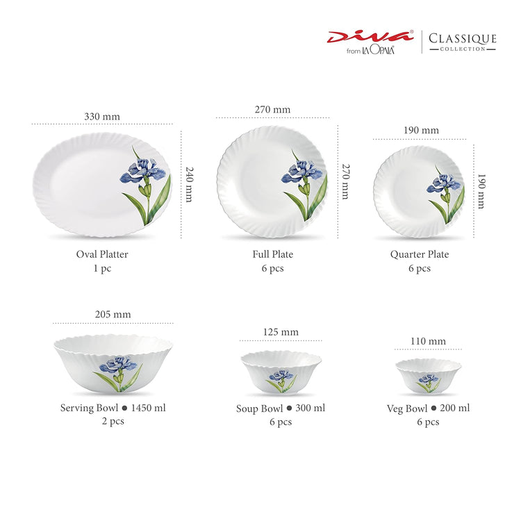 La Opala Diva, Classique Collection, Opal Glass Dinner Set 27 pcs, Royal Iris, White