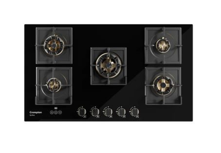 Crompton Optime 90 cm 5 Burners Built-in Glass HOB with Digital Timer, Full Brass Burners & 3D Flame Technology (HOB-OPFBTI900-MBL, Midnight Black)