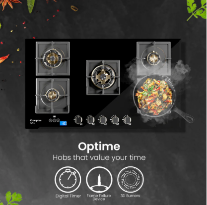 Crompton Optime 90 cm 5 Burners Built-in Glass HOB with Digital Timer, Full Brass Burners & 3D Flame Technology (HOB-OPFBTI900-MBL, Midnight Black)