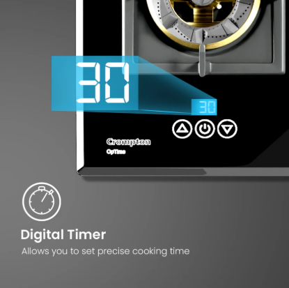 Crompton Optime 90 cm 5 Burners Built-in Glass HOB with Digital Timer, Full Brass Burners & 3D Flame Technology (HOB-OPFBTI900-MBL, Midnight Black)