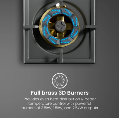 Crompton Optime 90 cm 5 Burners Built-in Glass HOB with Digital Timer, Full Brass Burners & 3D Flame Technology (HOB-OPFBTI900-MBL, Midnight Black)