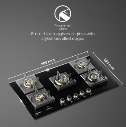 Crompton Optime 90 cm 5 Burners Built-in Glass HOB with Digital Timer, Full Brass Burners & 3D Flame Technology (HOB-OPFBTI900-MBL, Midnight Black)