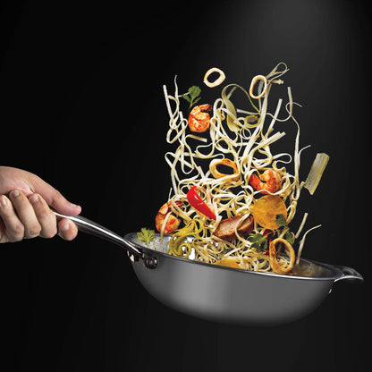 Vinod Platinum Triply Stainless Steel Wok - 3 Litre, 26 cm | Riveted Handle | Stir, Shallow Fry/Noodles/Curry/Fried Rice | Induction Base | 5 Year Warranty - Silver