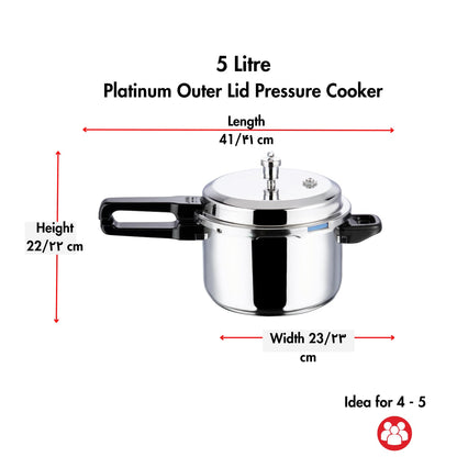 Vinod Platinum Triply Stainless Steel Outer Lid Pressure Cooker 5 Litres - ISI certified, Silver (Induction and Gas Stove Friendly) with 2 Years Warranty