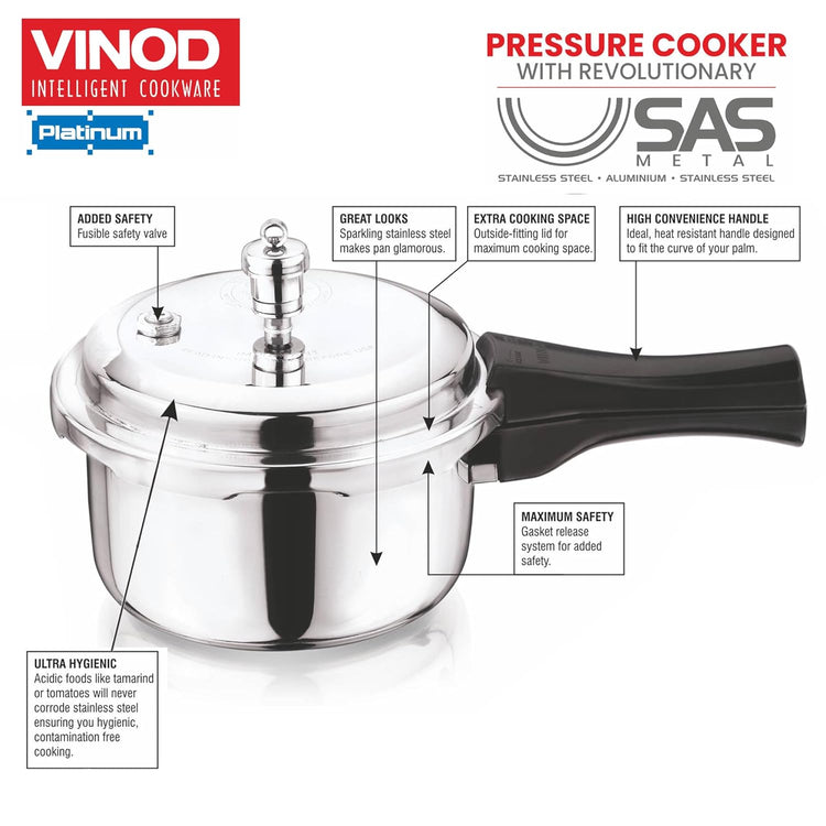 Vinod Platinum Triply Stainless Steel Outer Lid Pressure Cooker 5 Litres - ISI certified, Silver (Induction and Gas Stove Friendly) with 2 Years Warranty