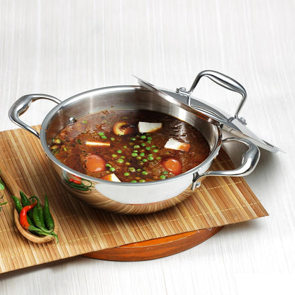 Vinod Platinum Triply Stainless Steel Kadai with Stainless Steel Lid 3.2 litres Capacity (26 cm Diameter) | 3.2 L Triply Stainless Steel Kadai - Silver (Induction and Gas Stove Friendly)