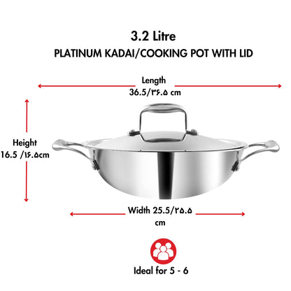 Vinod Platinum Triply Stainless Steel Kadai with Stainless Steel Lid 3.2 litres Capacity (26 cm Diameter) | 3.2 L Triply Stainless Steel Kadai - Silver (Induction and Gas Stove Friendly)