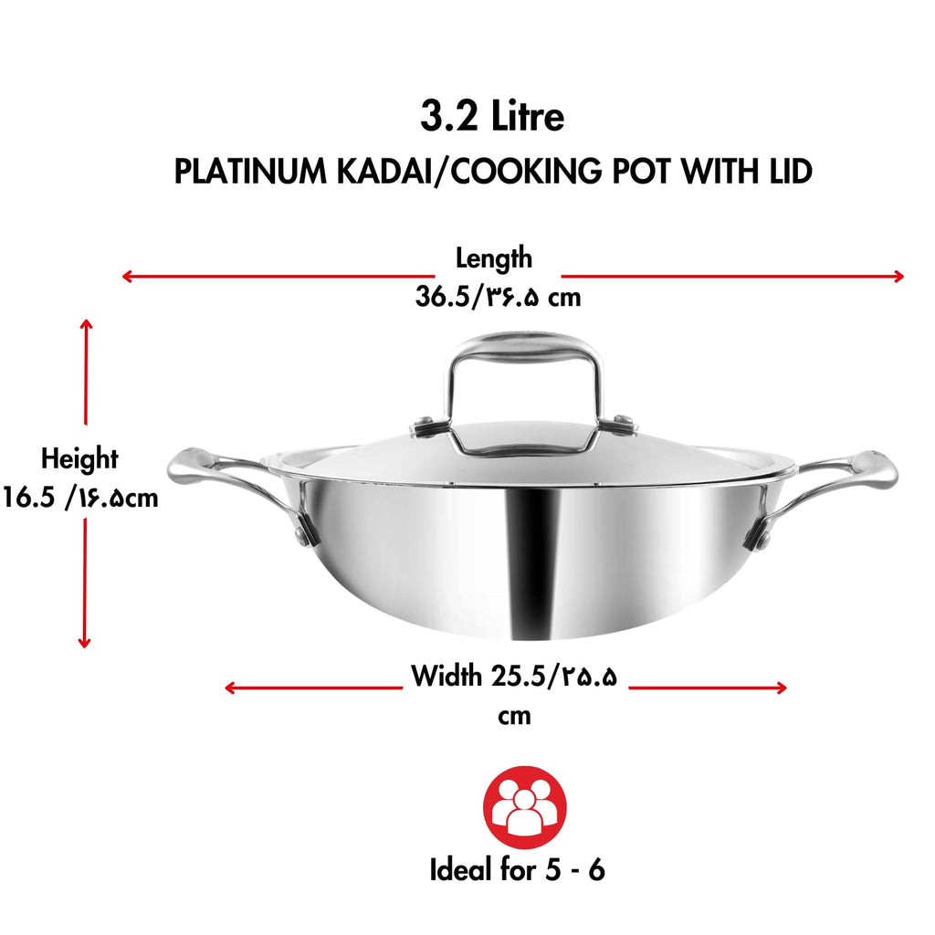 Vinod Platinum Triply Stainless Steel Kadai with Stainless Steel Lid 3.2 litres Capacity (26 cm Diameter) | 3.2 L Triply Stainless Steel Kadai - Silver (Induction and Gas Stove Friendly)