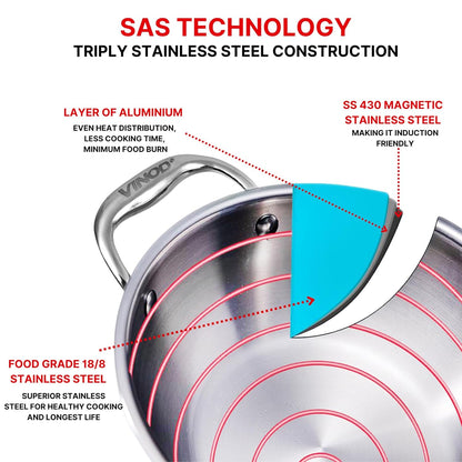 Vinod Platinum Triply Stainless Steel Kadai with Stainless Steel Lid 3.2 litres Capacity (26 cm Diameter) | 3.2 L Triply Stainless Steel Kadai - Silver (Induction and Gas Stove Friendly)