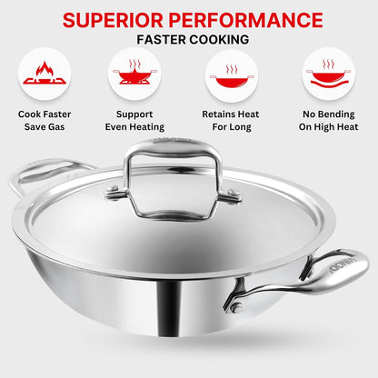 Vinod Platinum Triply Stainless Steel Kadai with Stainless Steel Lid 3.2 litres Capacity (26 cm Diameter) | 3.2 L Triply Stainless Steel Kadai - Silver (Induction and Gas Stove Friendly)