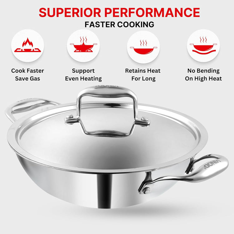 Vinod Platinum Triply Stainless Steel Kadai with Stainless Steel Lid 3.2 litres Capacity (26 cm Diameter) | 3.2 L Triply Stainless Steel Kadai - Silver (Induction and Gas Stove Friendly)