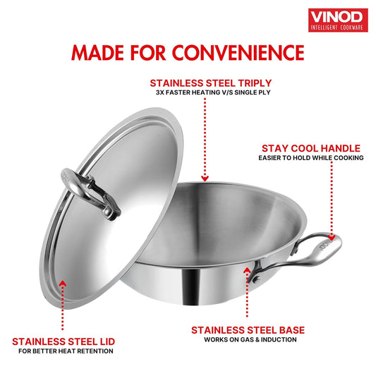 Vinod Platinum Triply Stainless Steel Kadai with Stainless Steel Lid 3.2 litres Capacity (26 cm Diameter) | 3.2 L Triply Stainless Steel Kadai - Silver (Induction and Gas Stove Friendly)