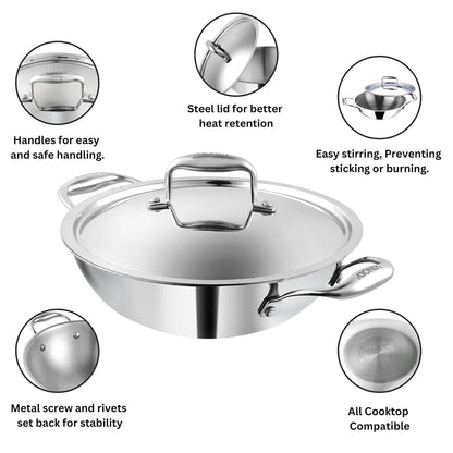 Vinod Platinum Triply Stainless Steel Kadai with Stainless Steel Lid 3.2 litres Capacity (26 cm Diameter) | 3.2 L Triply Stainless Steel Kadai - Silver (Induction and Gas Stove Friendly)