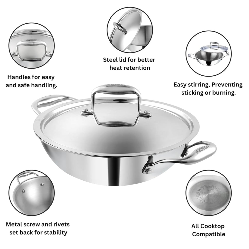 Vinod Platinum Triply Stainless Steel Kadai with Stainless Steel Lid 3.2 litres Capacity (26 cm Diameter) | 3.2 L Triply Stainless Steel Kadai - Silver (Induction and Gas Stove Friendly)