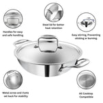 Vinod Platinum Triply Stainless Steel Kadai with Stainless Steel Lid 3.2 litres Capacity (26 cm Diameter) | 3.2 L Triply Stainless Steel Kadai - Silver (Induction and Gas Stove Friendly)