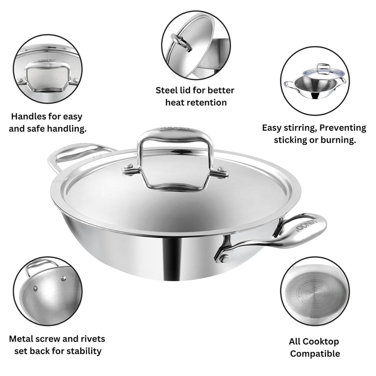 Vinod Platinum Triply Stainless Steel Kadai with Stainless Steel Lid 3.2 litres Capacity (26 cm Diameter) | 3.2 L Triply Stainless Steel Kadai - Silver (Induction and Gas Stove Friendly)