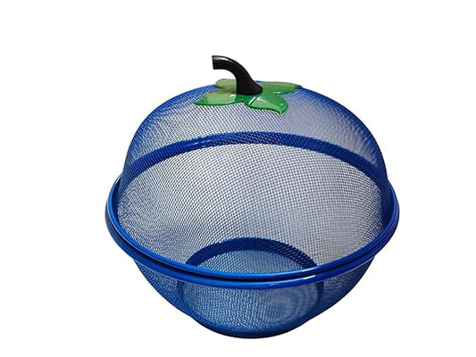 Fruit Basket with Lid Net Cover Steel Big Size for Dinning Kitchen Home Apple Shape Net Cover Protective Fruits Vegetables Food Storage Basket Strainer Kitchen Accessories (Blue)