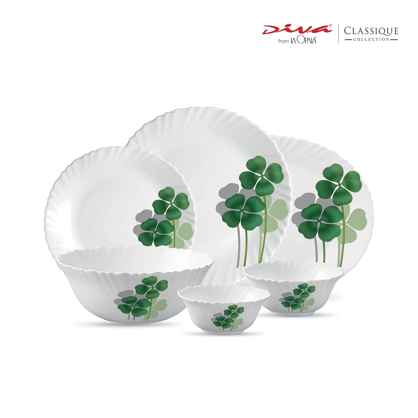 La Opala Diva Classique Collection Opal Glass Crockery | for Family of 6 | Dinner Set 27 pcs Dual Harmony | Plates & Bowls for Dining | Microwave Safe | 100% Vegetarian | Extra Strong | White