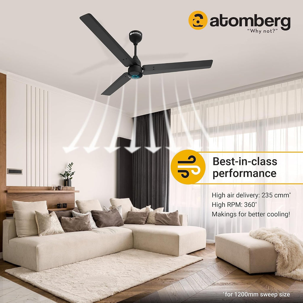Atomberg Renesa 1200mm BLDC Ceiling Fan with Remote Control | BEE 5 star Rated Energy Efficient Ceiling Fan | High Air Delivery with LED Indicators | 3 Year Warranty (Midnight Black)