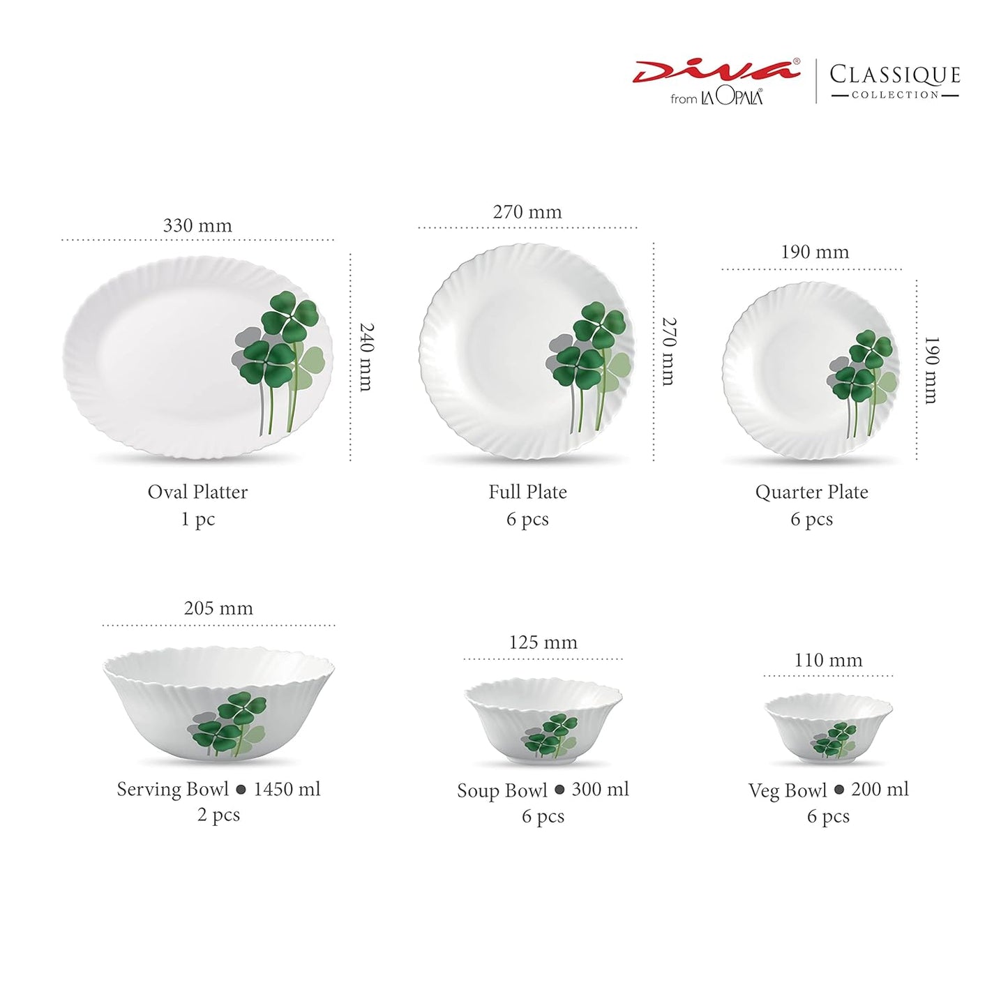 La Opala Diva Classique Collection Opal Glass Crockery | for Family of 6 | Dinner Set 27 pcs Dual Harmony | Plates & Bowls for Dining | Microwave Safe | 100% Vegetarian | Extra Strong | White