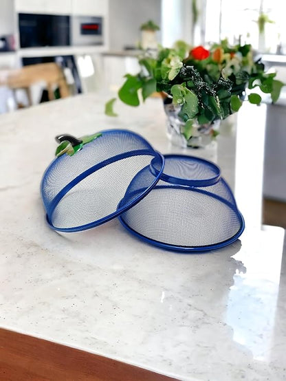 Fruit Basket with Lid Net Cover Steel Big Size for Dinning Kitchen Home Apple Shape Net Cover Protective Fruits Vegetables Food Storage Basket Strainer Kitchen Accessories (Blue)