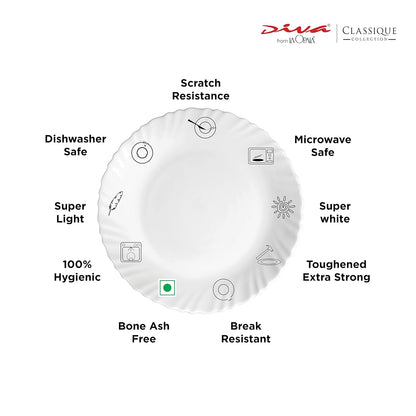 La Opala Diva Classique Collection Opal Glass Crockery | for Family of 6 | Dinner Set 27 pcs Dual Harmony | Plates & Bowls for Dining | Microwave Safe | 100% Vegetarian | Extra Strong | White