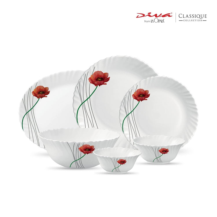 La Opala Diva, Classique Collection, Opal Glass Dinner Set 27 pcs, Soul Passion, White, Standard