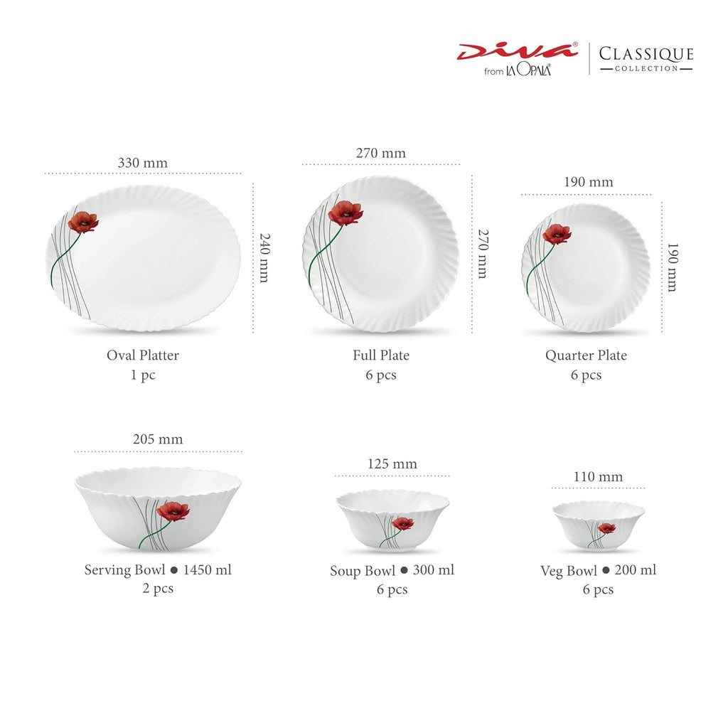 La Opala Diva, Classique Collection, Opal Glass Dinner Set 27 pcs, Soul Passion, White, Standard