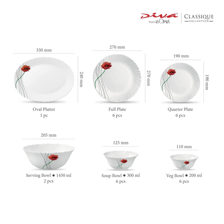 La Opala Diva, Classique Collection, Opal Glass Dinner Set 27 pcs, Soul Passion, White, Standard