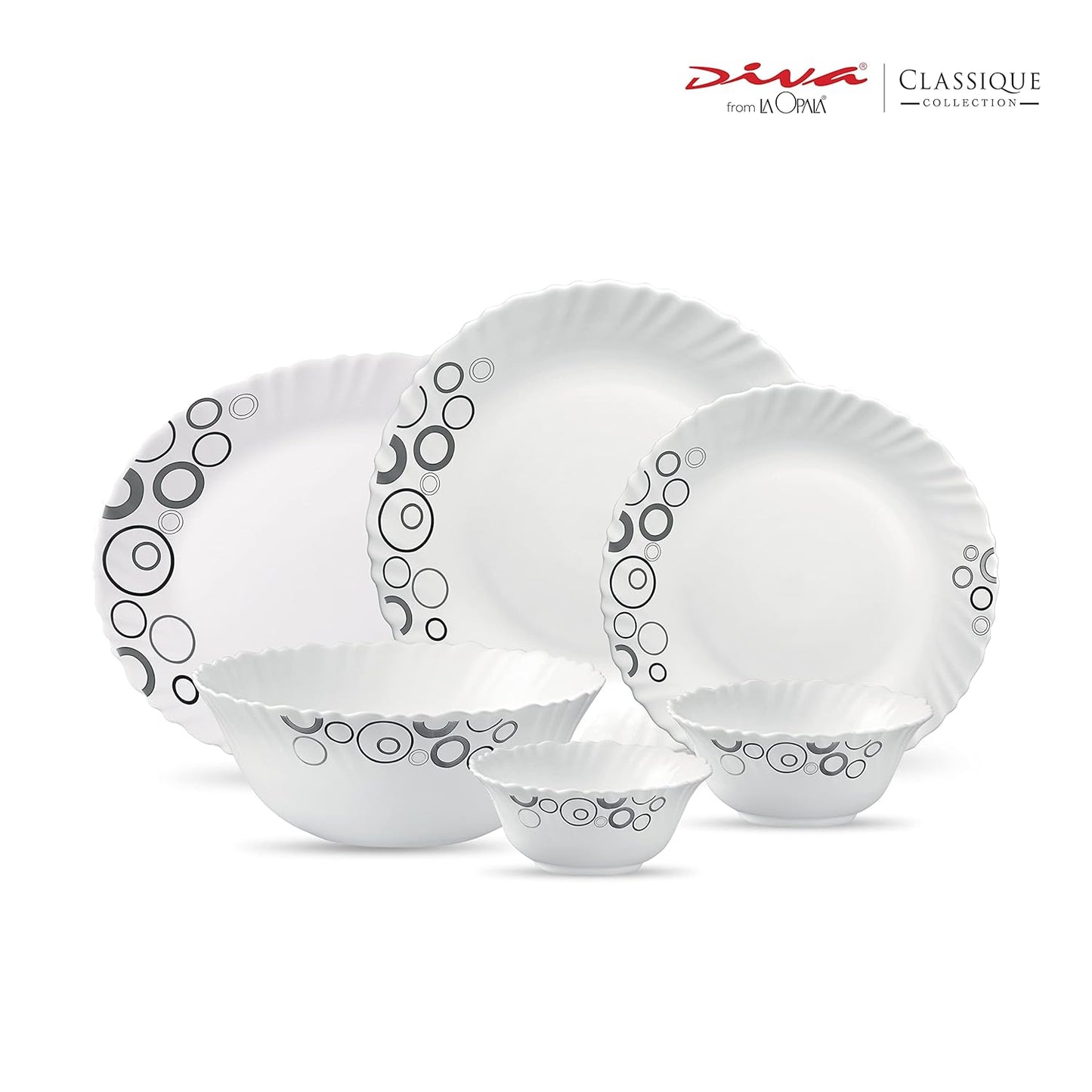 La Opala Diva, Classique Collection, Opal Glass Dinner Set 27 pcs, Misty Drops, White, Standard