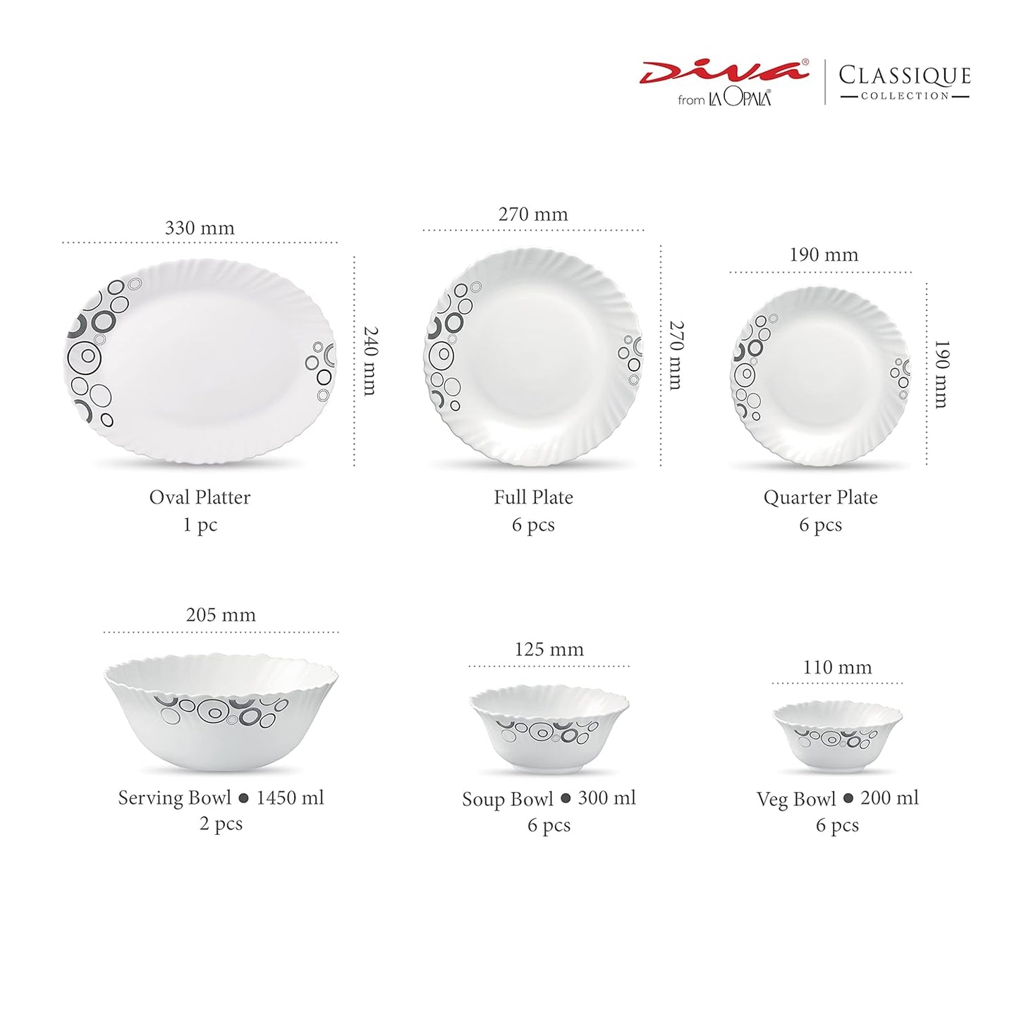 La Opala Diva, Classique Collection, Opal Glass Dinner Set 27 pcs, Misty Drops, White, Standard