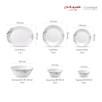 La Opala Diva, Classique Collection, Opal Glass Dinner Set 27 pcs, Misty Drops, White, Standard